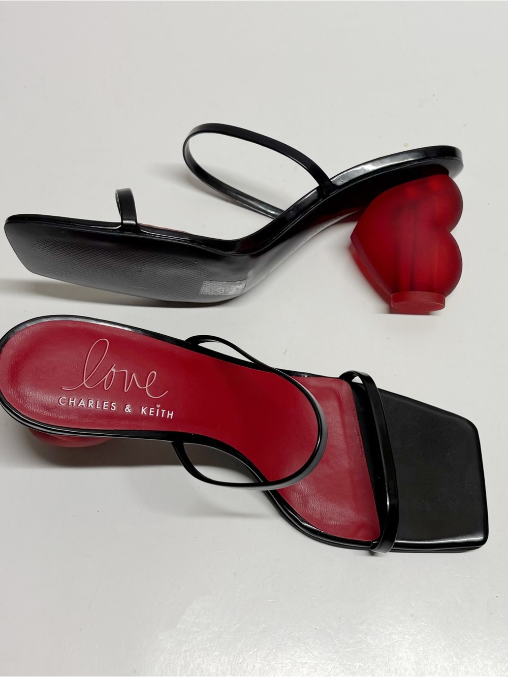 Charles & Keith Black Strappy Sandals with Red Heart Heel size 38